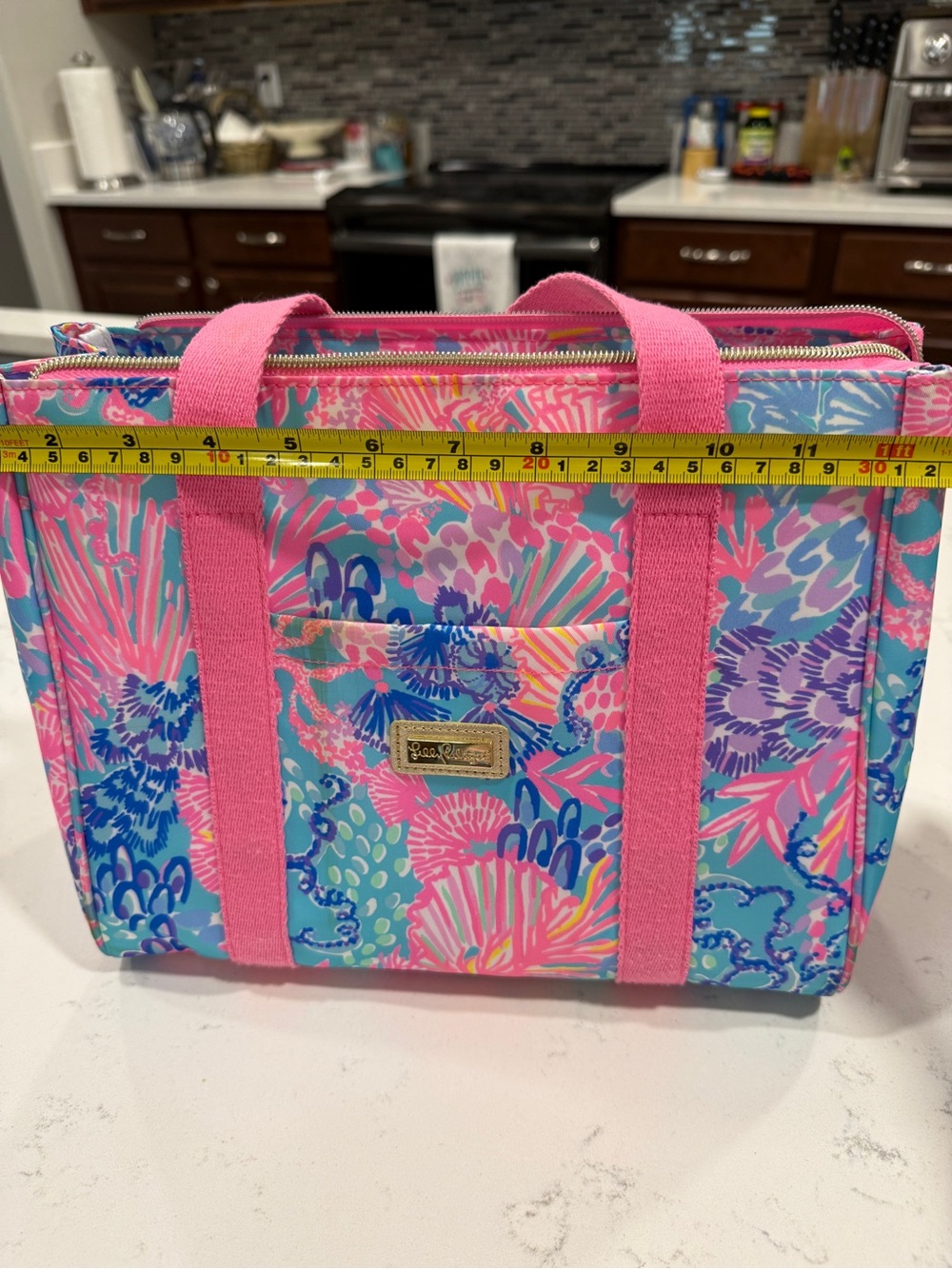 Lilly Pulitzer Pink & Aqua Floral Lunch Tote with Gold Logo - Picture 6 of 7
